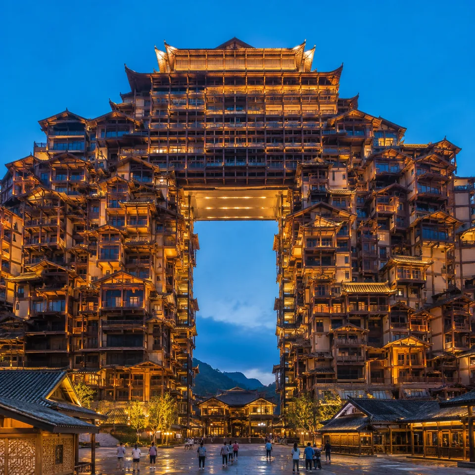 Layered architecture with a central opening and warm night lighting
