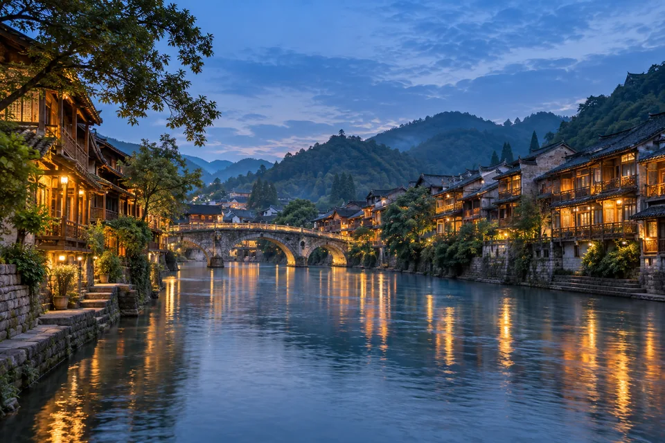 An old-town theme with a river, bridges and lights along both banks