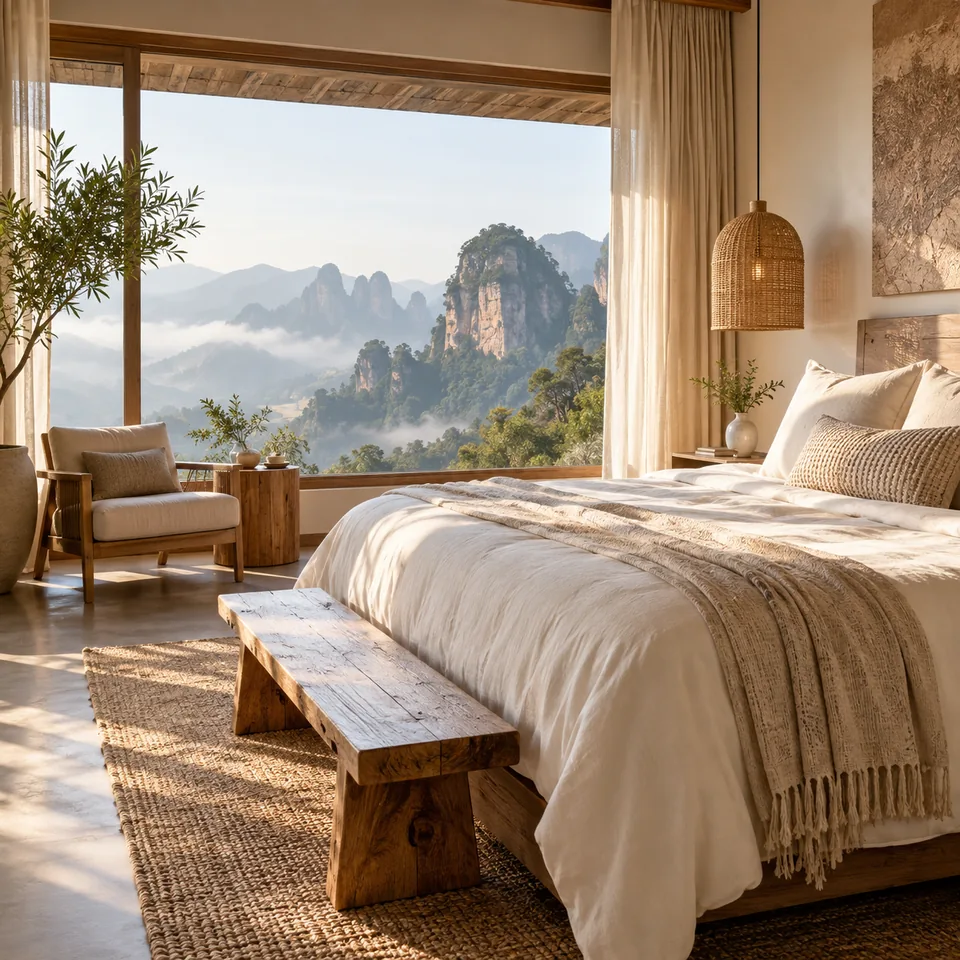 A bright room facing distant mountains